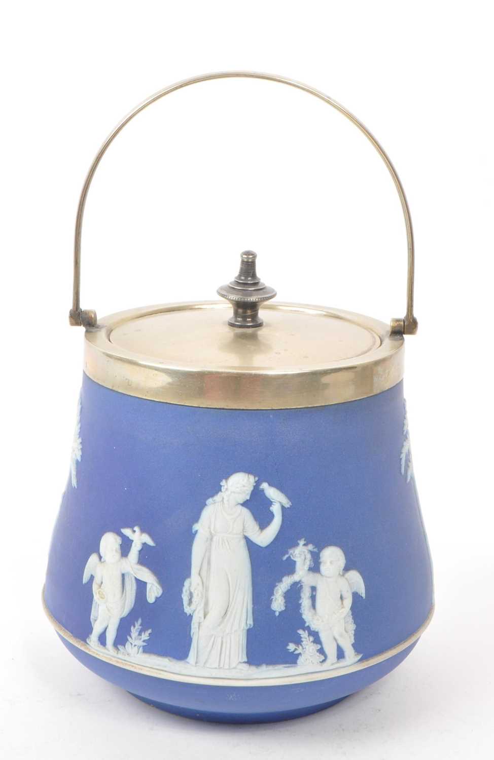 Lot 68 - WEDGWOOD - JASPERWARE - EARLY 20TH CENTURY SILVER PLATE BISCUIT BARREL