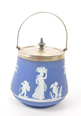 Lot 68 - WEDGWOOD - JASPERWARE - EARLY 20TH CENTURY SILVER PLATE BISCUIT BARREL